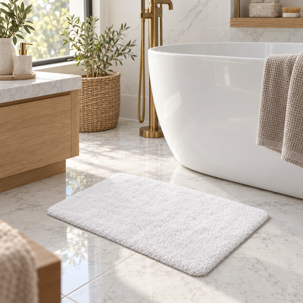 Plush Bath Mat, 17 x 24 Inch, White, Soft Fluffy Absorbent Bathroom Rug, Machine Washable Small Bath Rug for Bathroom and Shower