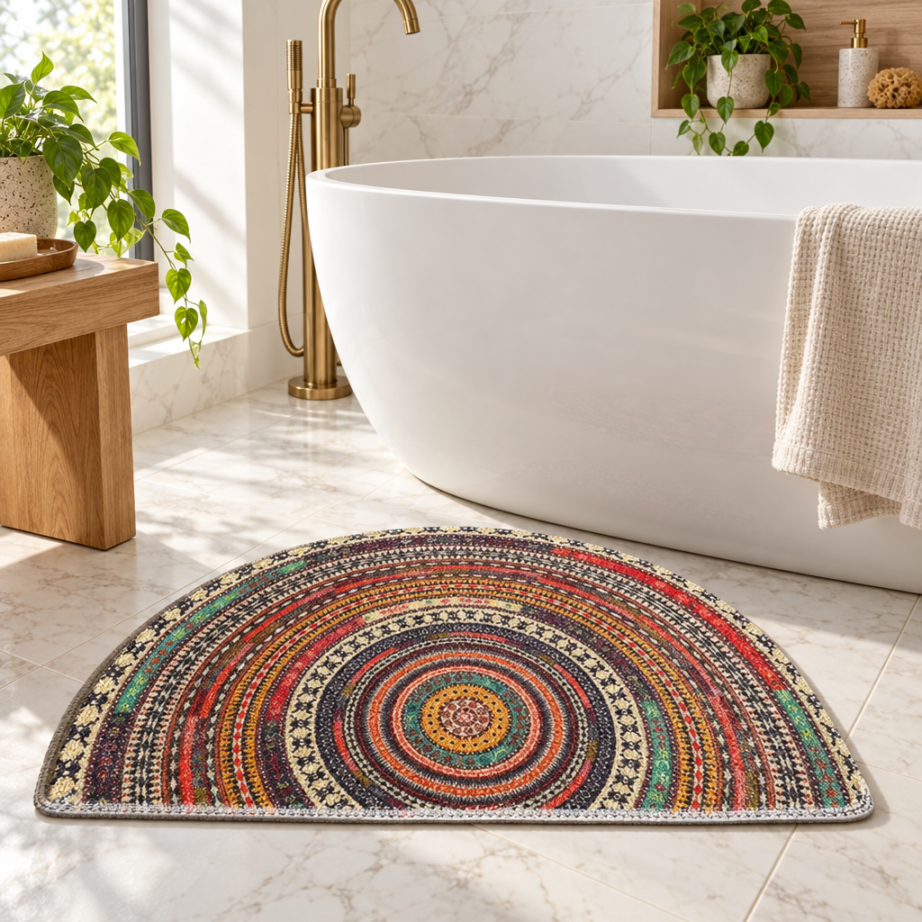 Half Round Bath Mat, Boho Mandala Semi Circle Rug, 31.5 x 47.2 Inch, Polyester Flannel, Low Profile, Machine Washable, Bathroom or Door Mat