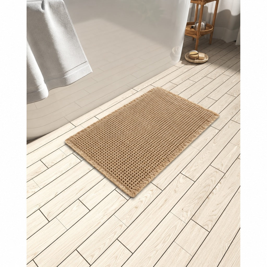 Waffle Bath Mat, Brown Boho Bathroom Rug with Tassels, Absorbent Double Layer Waffle Texture, Clear Rubber Backing, Machine Washable
