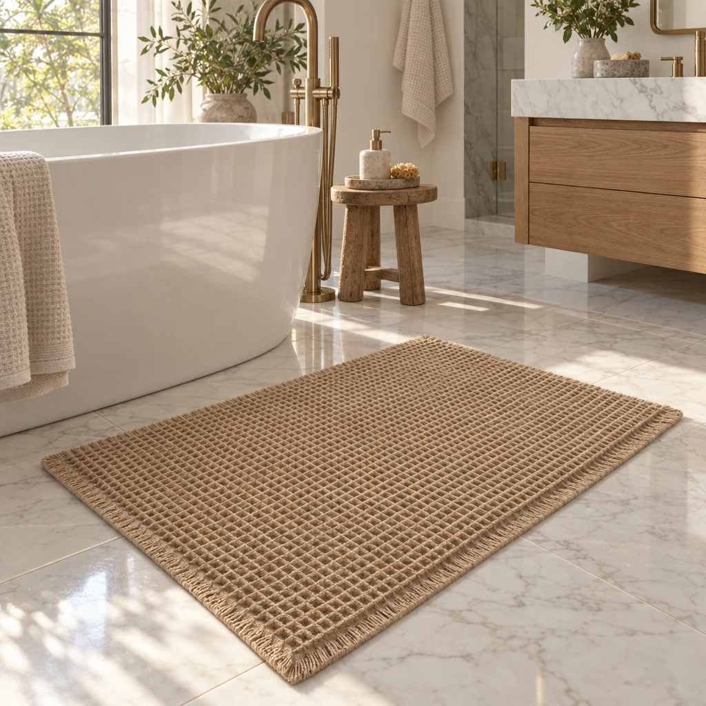 Waffle Bath Mat, Brown Boho Bathroom Rug with Tassels, Absorbent Double Layer Waffle Texture, Clear Rubber Backing, Machine Washable