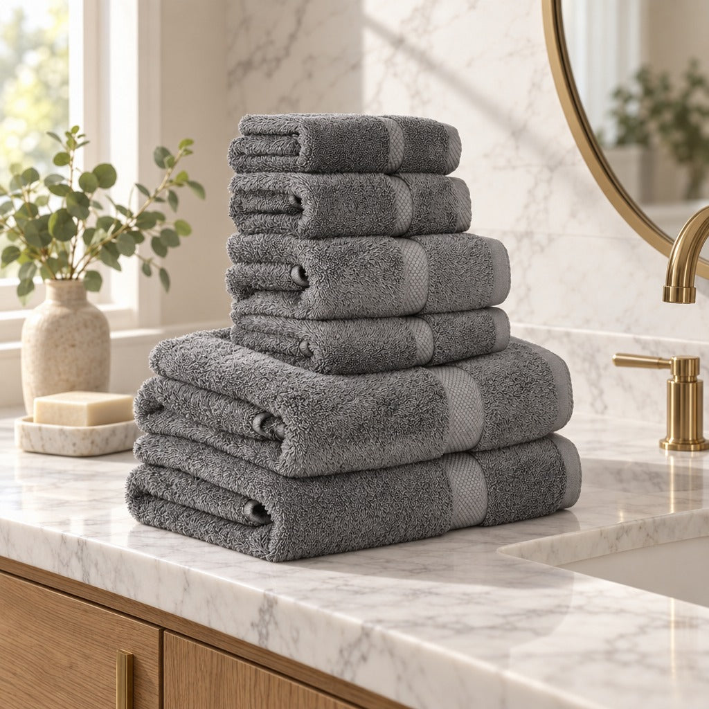 Bath Towel Set 6 Piece Grey for Bathroom shown in a home setting