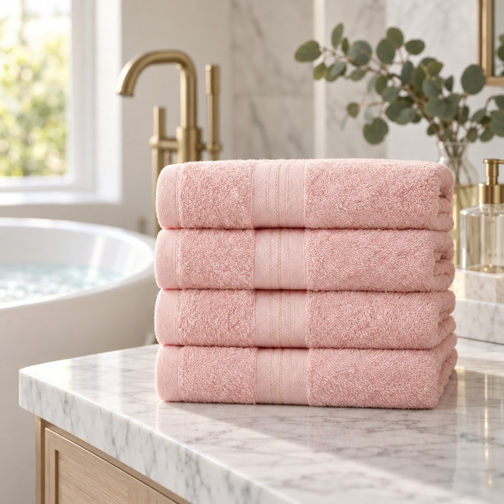Cotton Bath Towels, Set of 4, Pink, 28 x 55 Inch Extra Large, Soft, Absorbent and Quick Drying, Machine Washable Towels for Bathroom, Gym and Travel