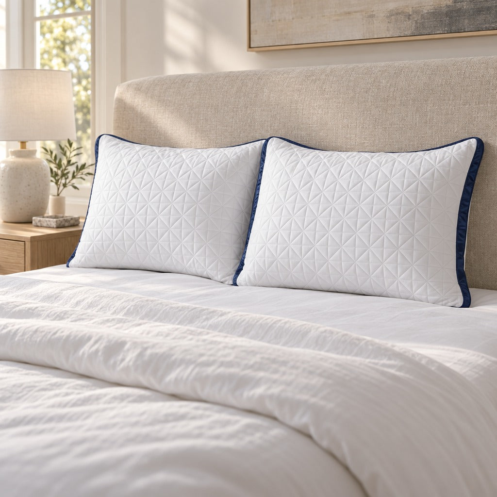 Gusseted Bed Pillows Standard Size, Set of 2, 17 x 26 Inch, White with Navy Blue Pattern, Down Alternative Fiber Fill, Machine Washable, All Sleepers