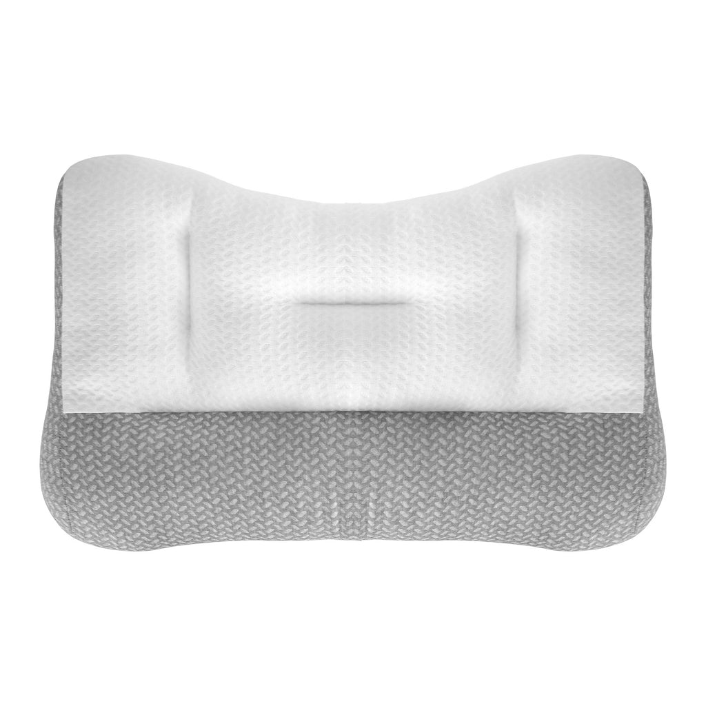 Low-profile bed pillow with white and grey knitted cover on a white background