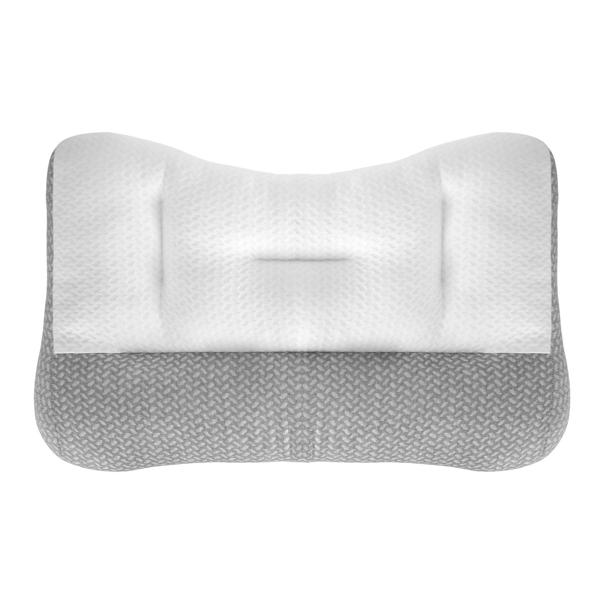Low-profile bed pillow with white and grey knitted cover on a white background