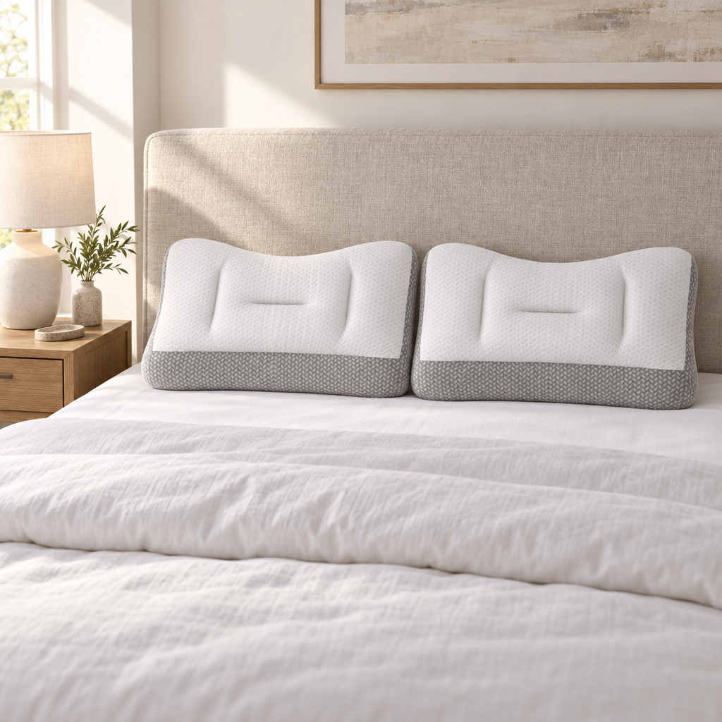 Down Alternative Bed Pillows, Set of 2, Low Height, White and Grey Knitted Cotton Mesh Cover, Two Height Zones, Ear Slot, for Side and Back Sleepers
