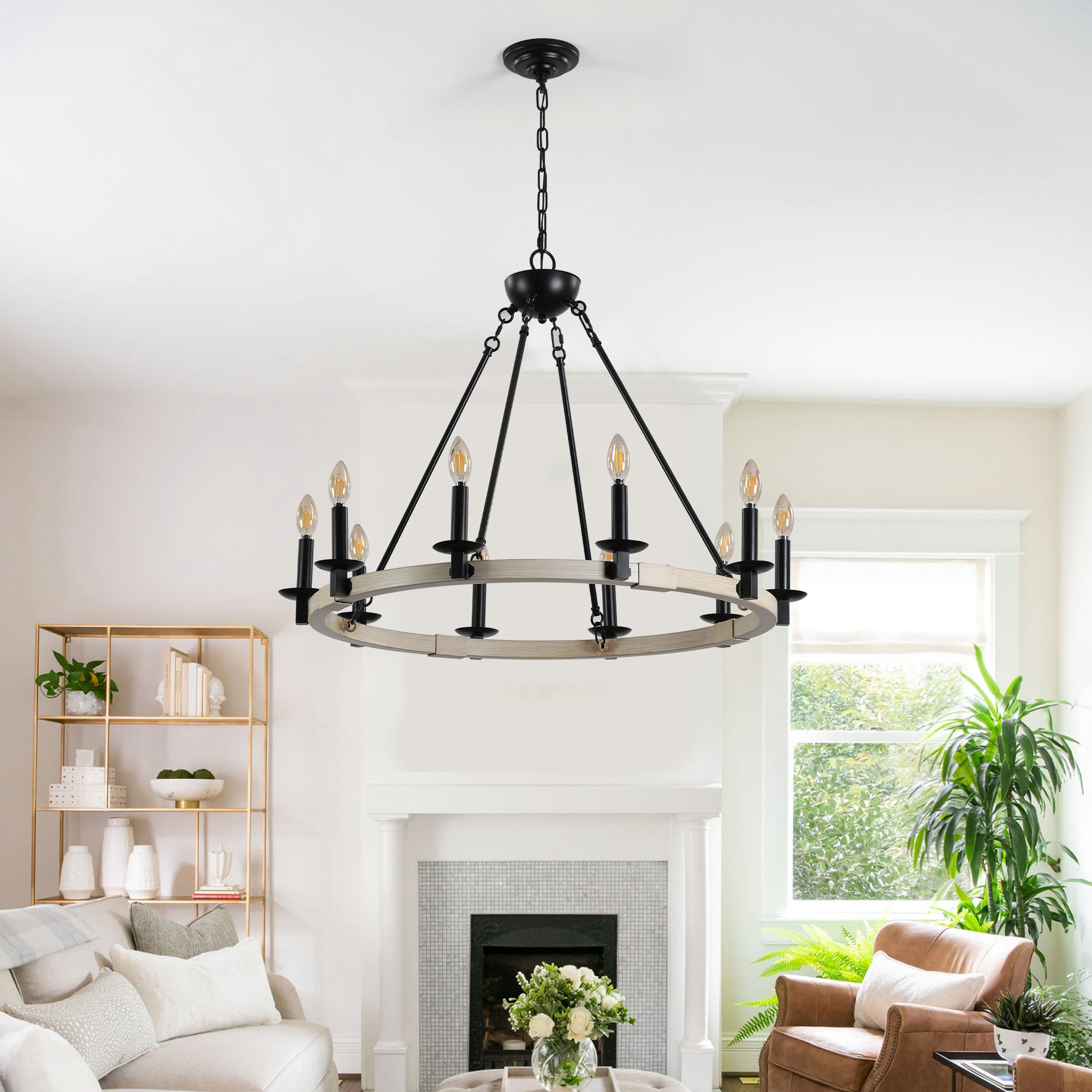 32" Rustic Farmhouse 10-Light Candle Chandelier – Black Metal & Wood – Round Hanging Fixture