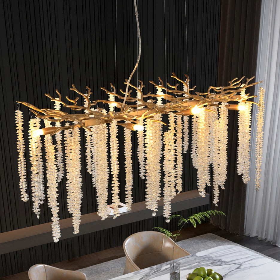 39" Gold Crystal Pendant Chandelier – Cascading Crystal Strands – Large Modern Glam Ceiling Light