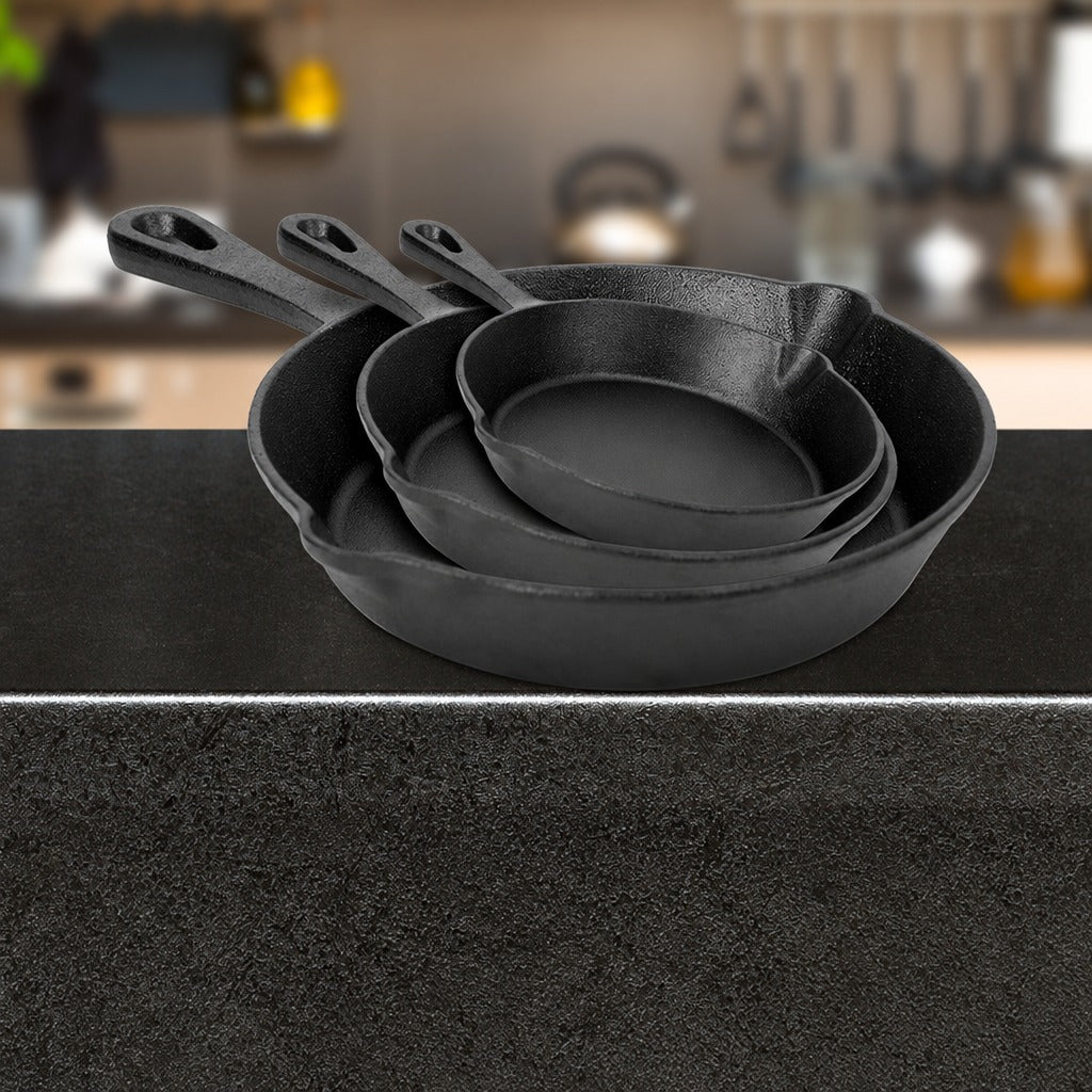 Cast Iron Skillet Set 3 Piece, Pre-Seasoned 6, 8 and 10 Inch Frying Pans for Stovetop, Induction, Oven, Grill and Campfire Cooking