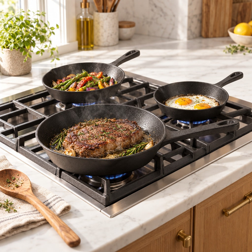 Cast Iron Skillet Set 3 Piece, Pre-Seasoned 6, 8 and 10 Inch Frying Pans for Stovetop, Induction, Oven, Grill and Campfire Cooking