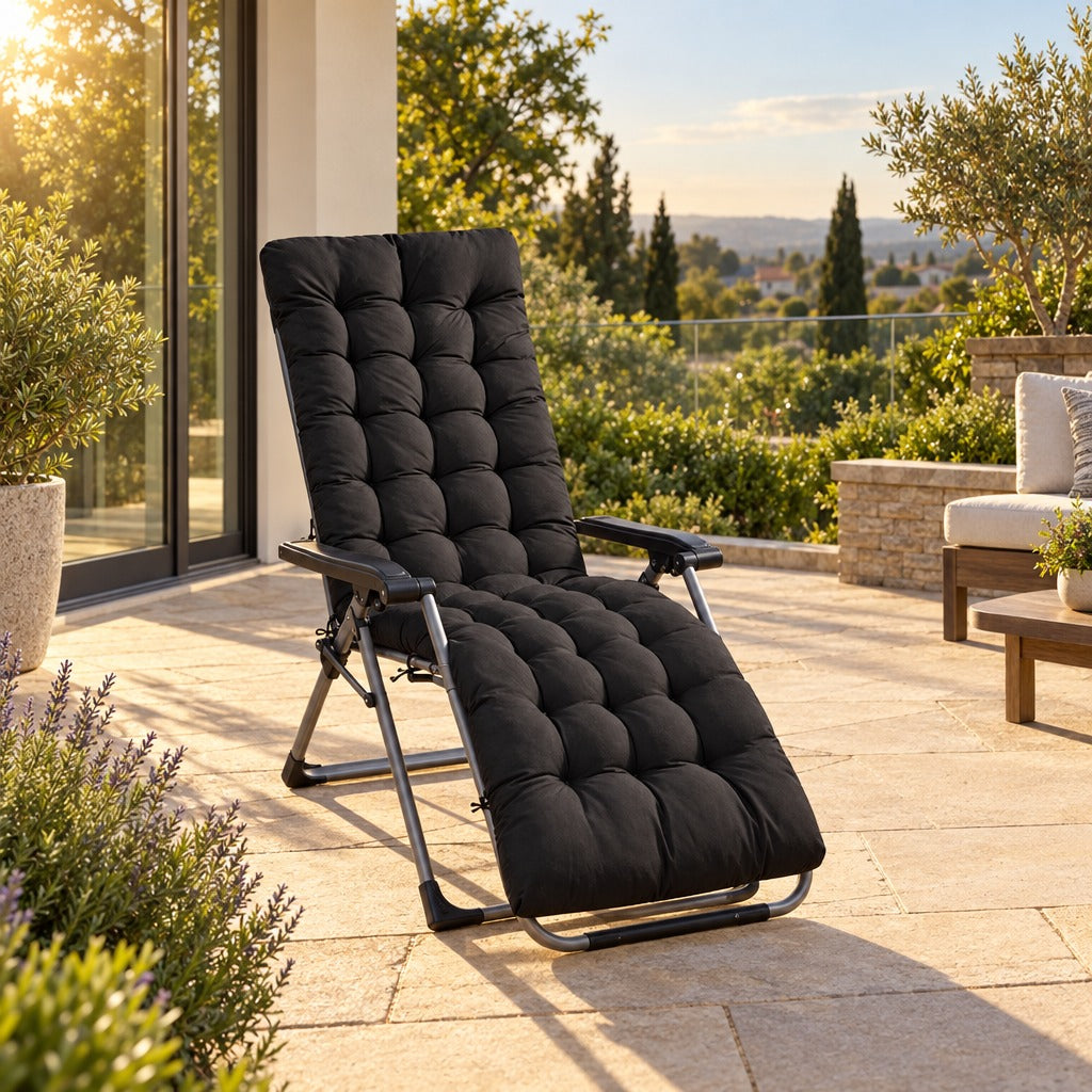 Chaise Lounge Cushion 67 x 22 x 3 Inch, Polyester Patio Lounger Pad with Straps and Head Cover for Recliner and Deck Chair, Black, Chair Not Included