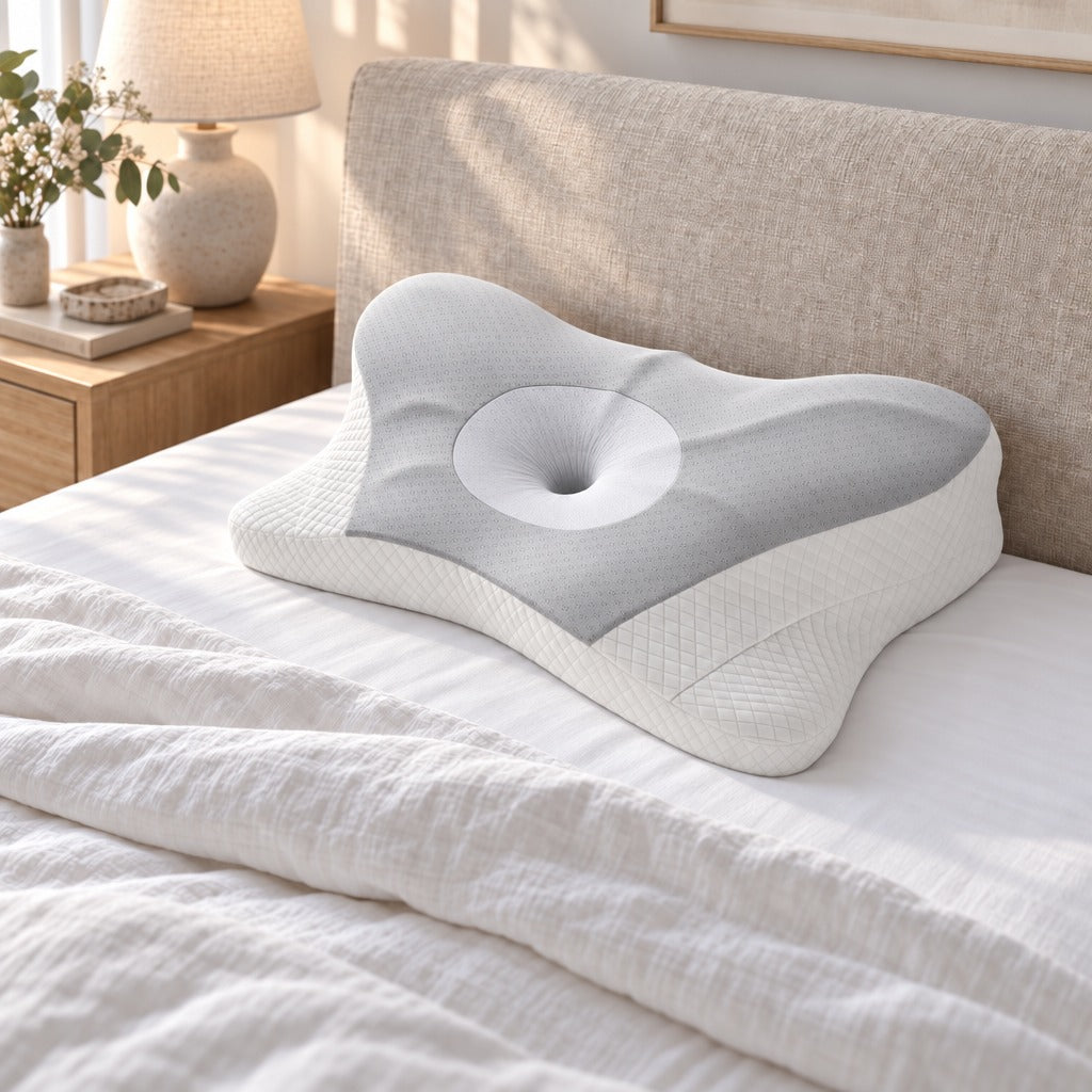 Cervical Pillow, Contour Memory Foam Bed Pillow with Two Heights, Firm, Gray or White shown in a home setting