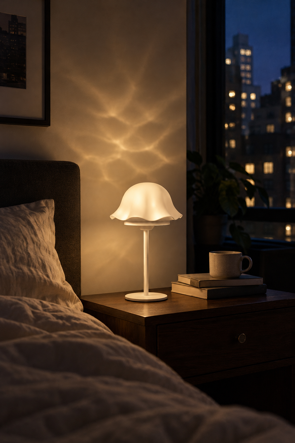 Cordless water ripple table lamp on a nightstand casting ripple light on the wall (AI-generated image)
