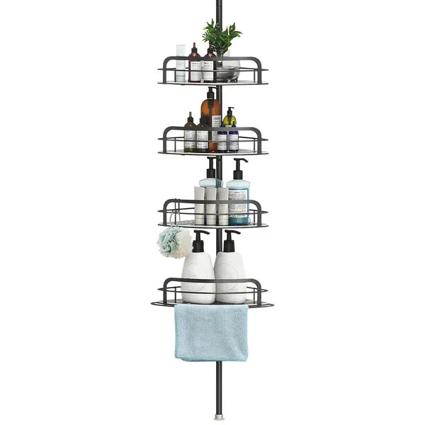 Black corner shower caddy with 4 adjustable shelves on a tension pole