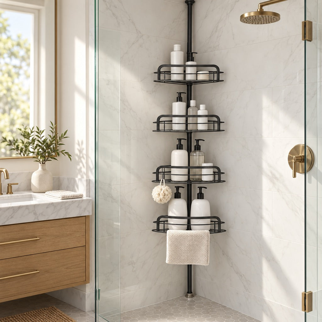 Black corner shower caddy with 4 adjustable shelves on a tension pole