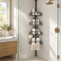 Black corner shower caddy with 4 adjustable shelves on a tension pole