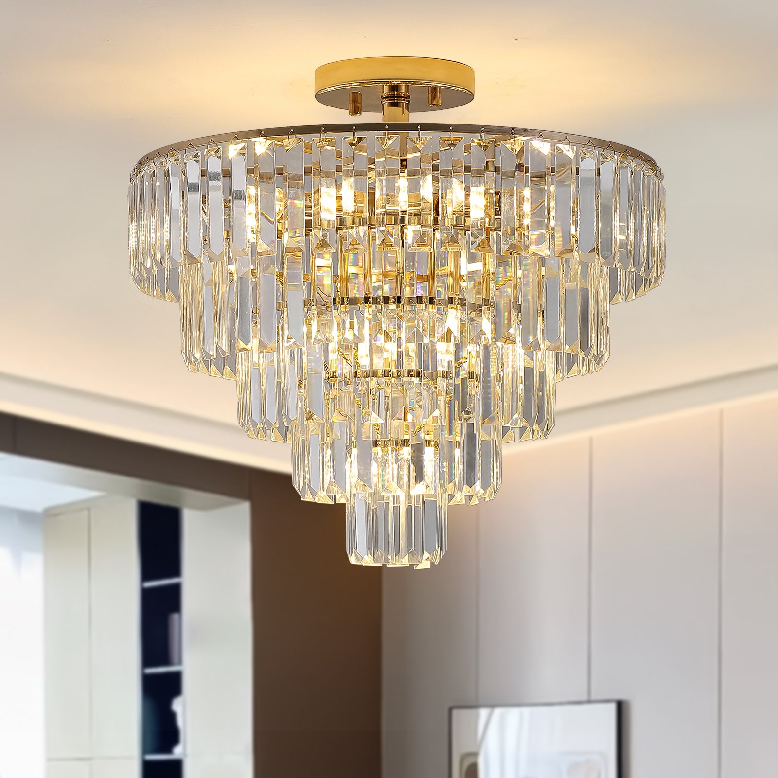 Gold Crystal 5-Tier Semi-Flush Mount Chandelier – K9 Crystal – Large Luxury Ceiling Light