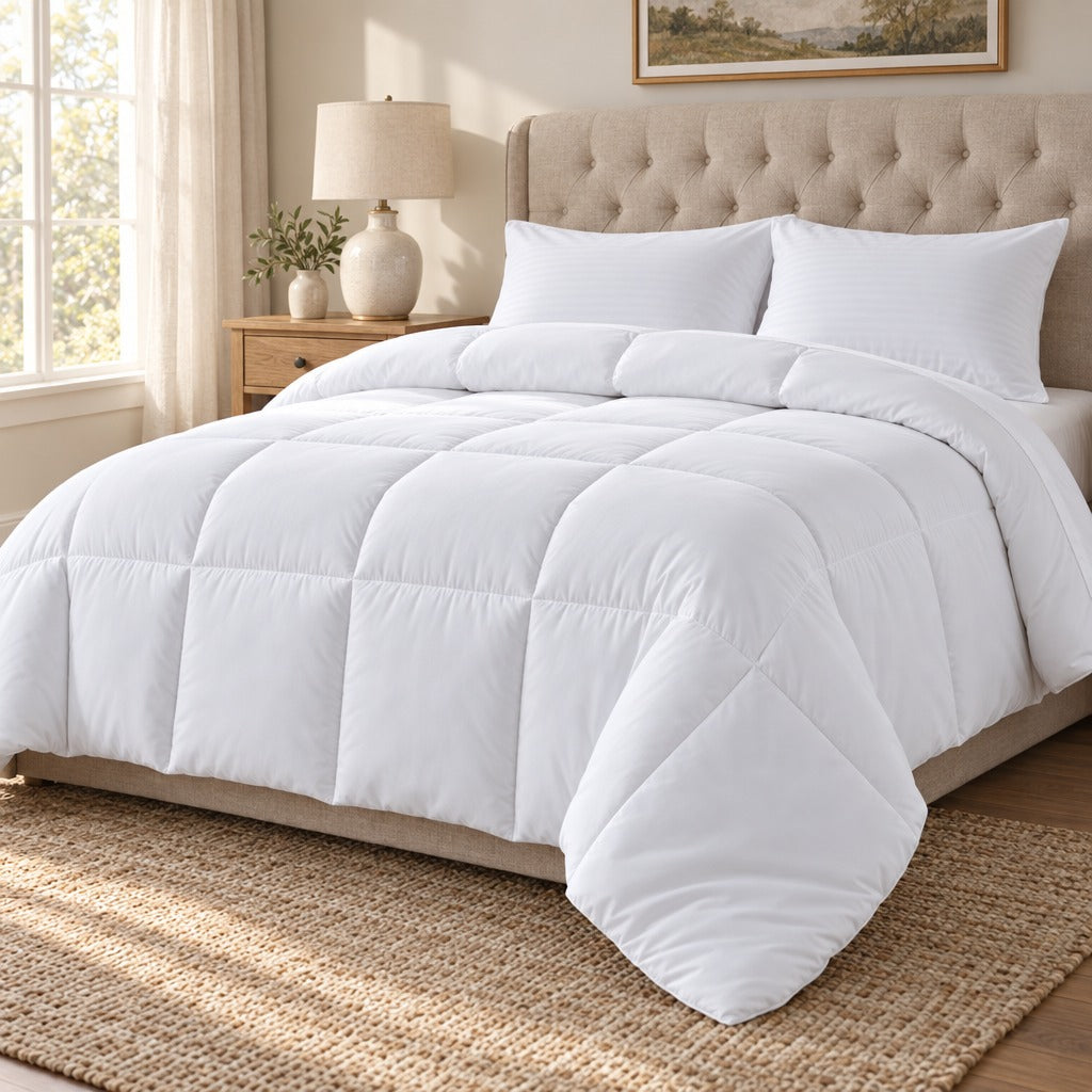 White box stitched queen down alternative comforter on a made bed