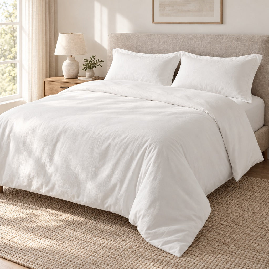 Duvet Cover Set King 3 Piece White with 2 Pillow Shams shown in a home setting