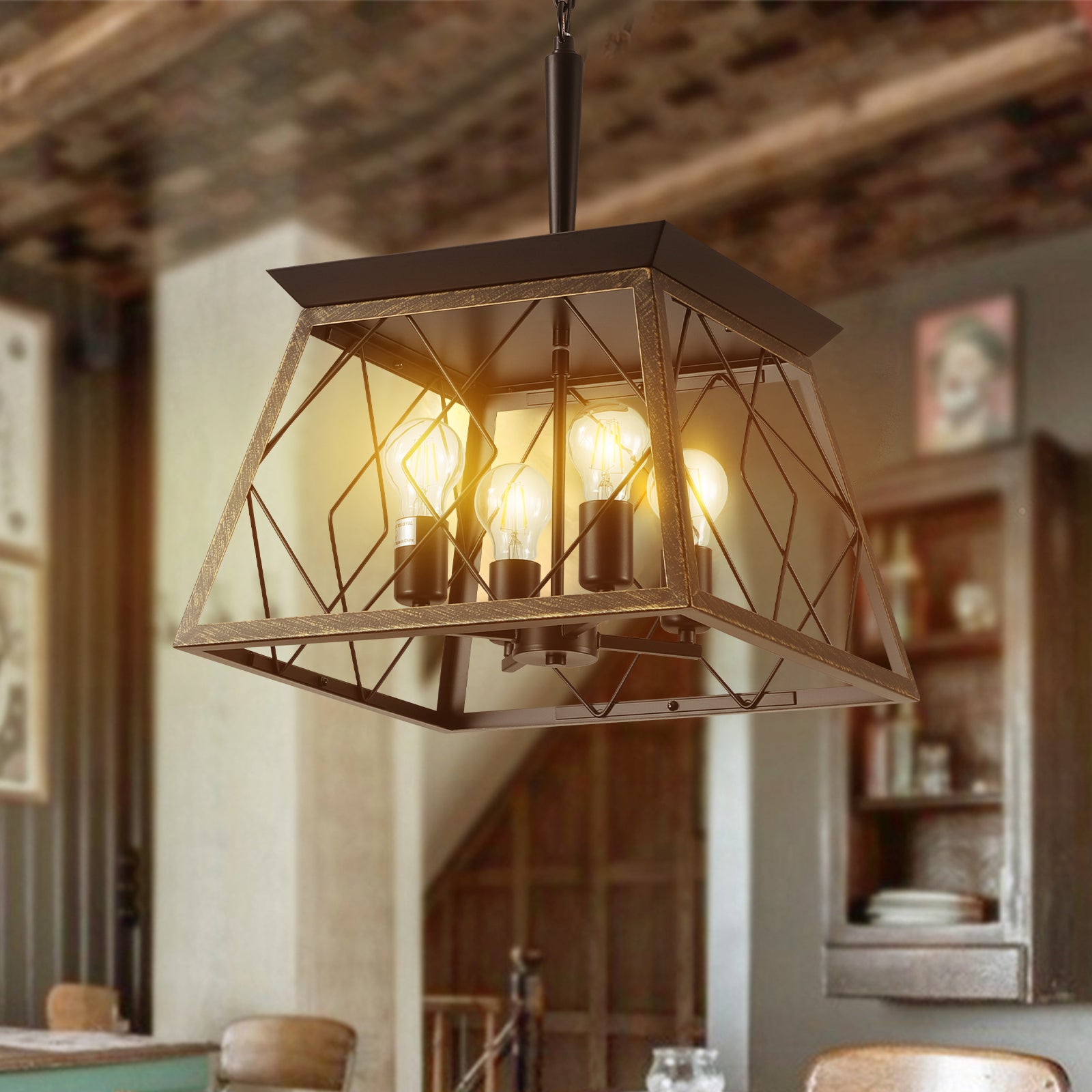 Farmhouse 4-Light Vintage Chandelier – Antique Gold & Black – Rustic Kitchen Dining Room Fixture