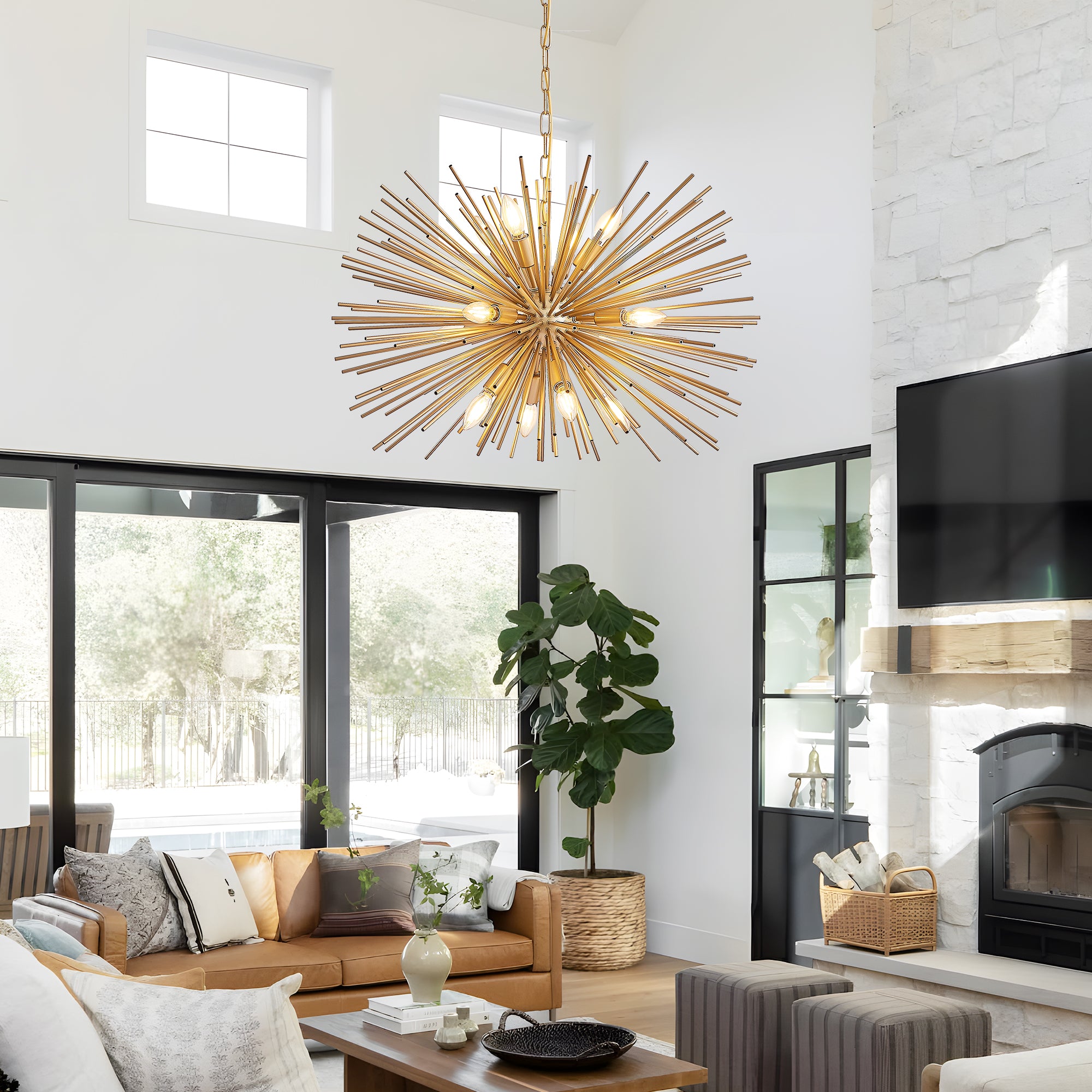 29" Mid-Century Modern 12-Light Gold Sputnik Chandelier – Starburst Pendant Ceiling Fixture