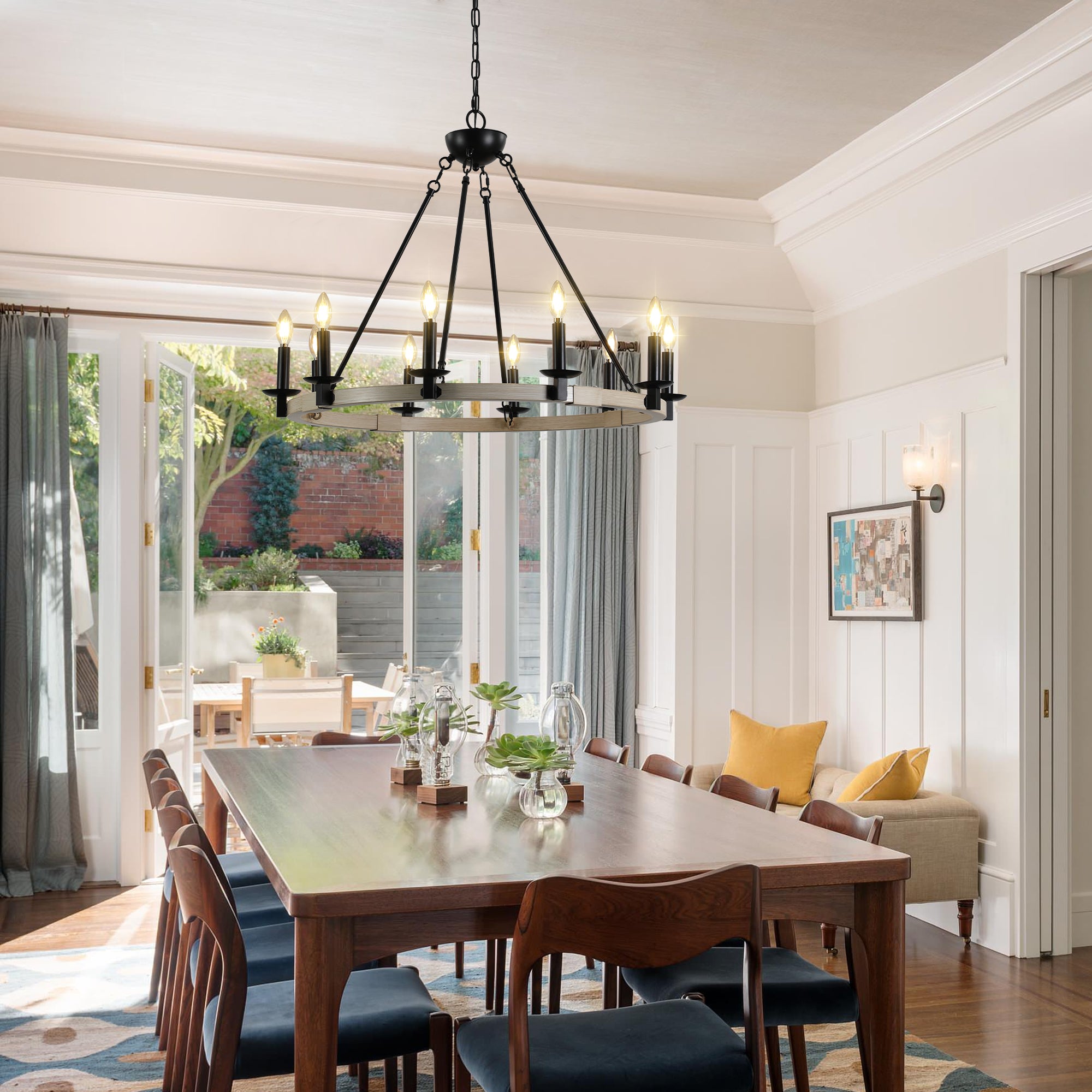 32" Rustic Farmhouse 10-Light Candle Chandelier – Black Metal & Wood – Round Hanging Fixture