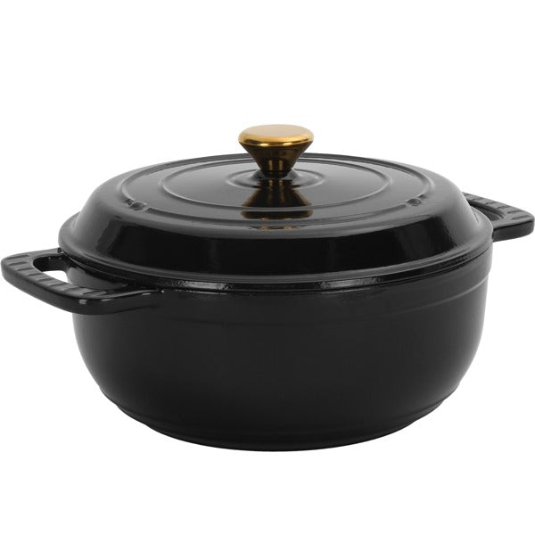 Black enameled cast iron Dutch oven with lid and gold-tone knob