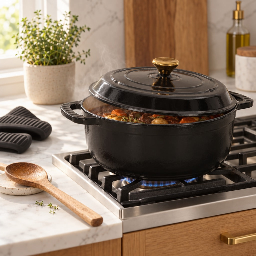 Enameled Cast Iron Dutch Oven 6 Qt with Lid, Black Enamel Pot with Gold Tone Knob for Stovetop, Induction and Oven, Includes 2 Silicone Gloves