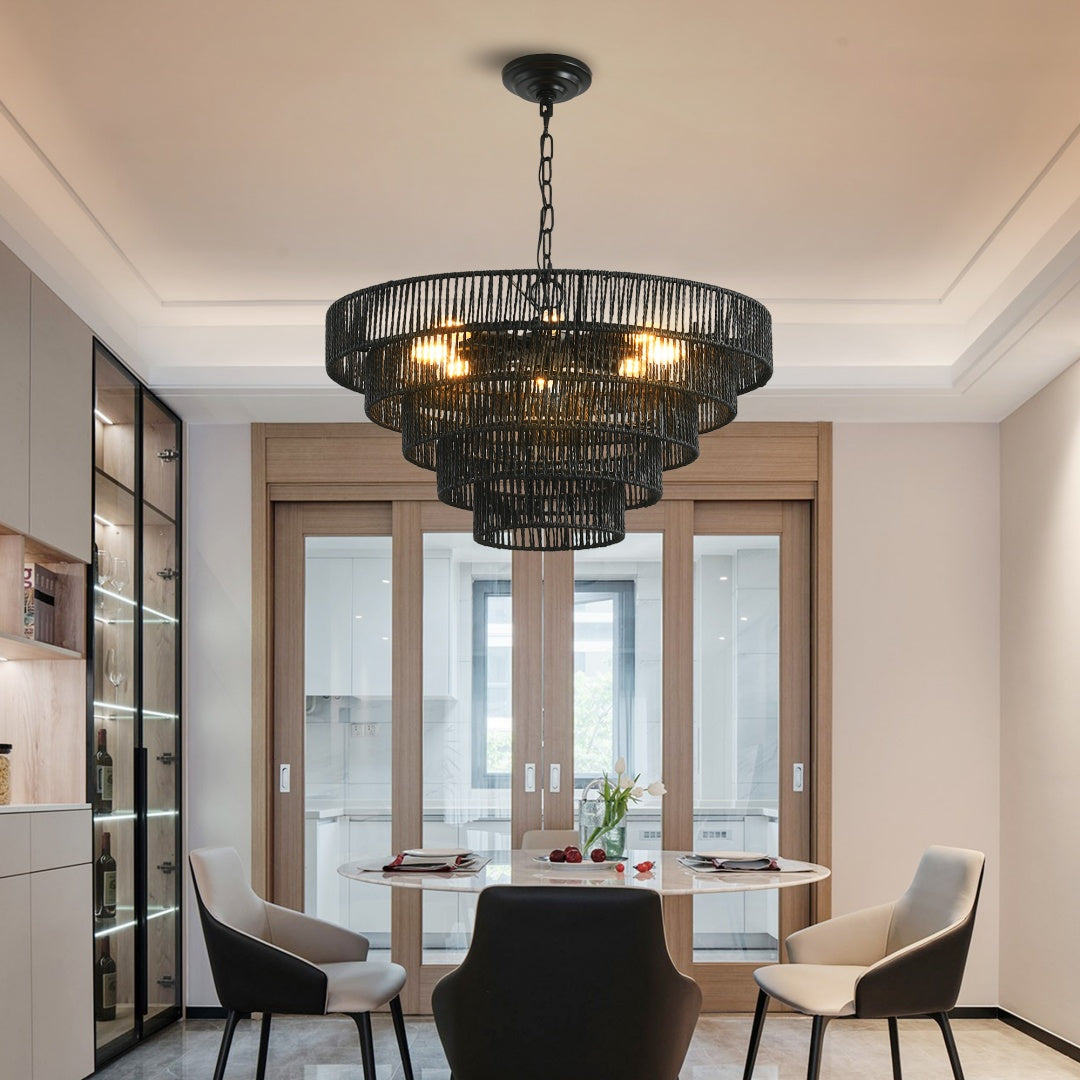 24" Rustic 5-Tier Hemp Rope Chandelier – 8-Light Boho Farmhouse Pendant – Black & Natural