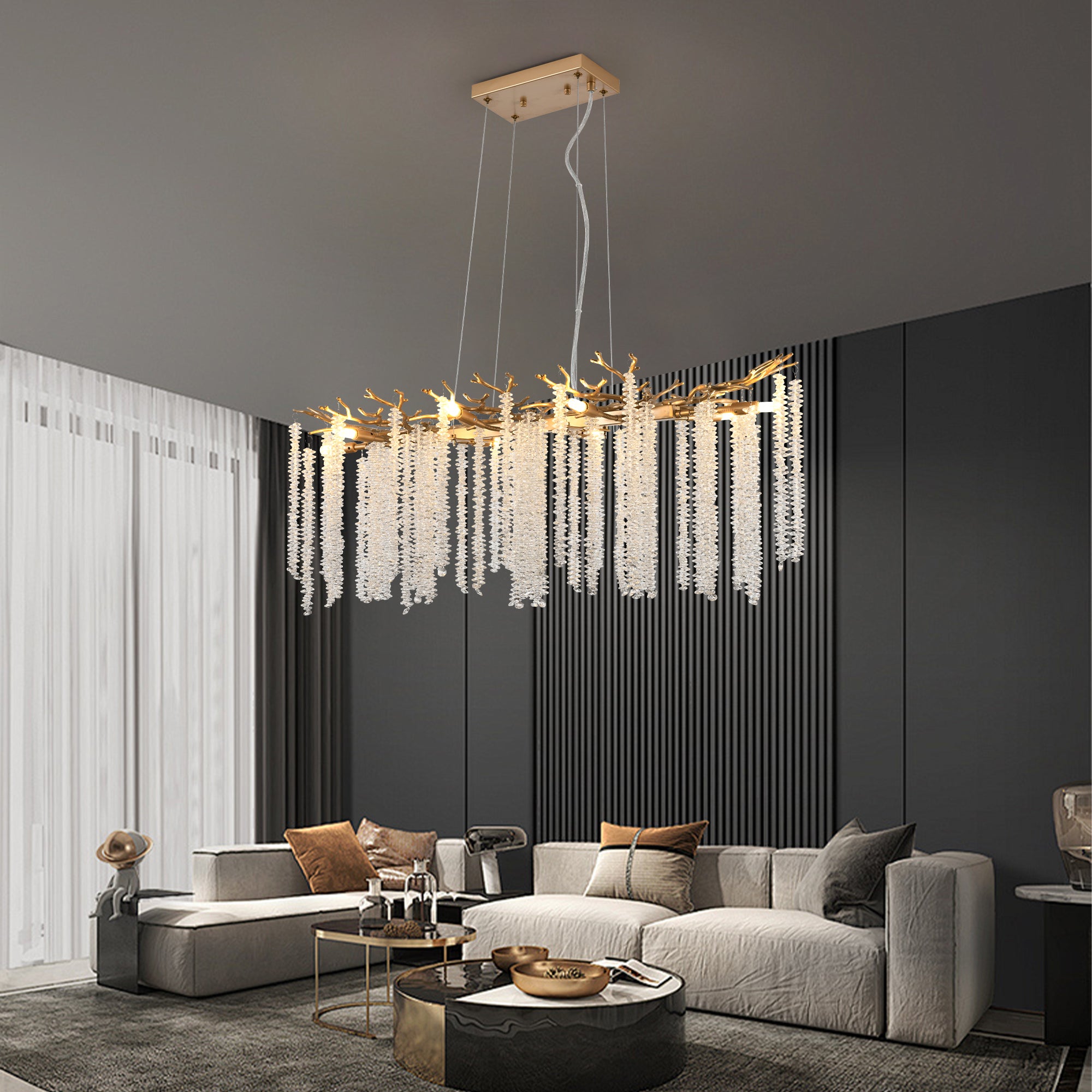 39" Gold Crystal Pendant Chandelier – Cascading Crystal Strands – Large Modern Glam Ceiling Light