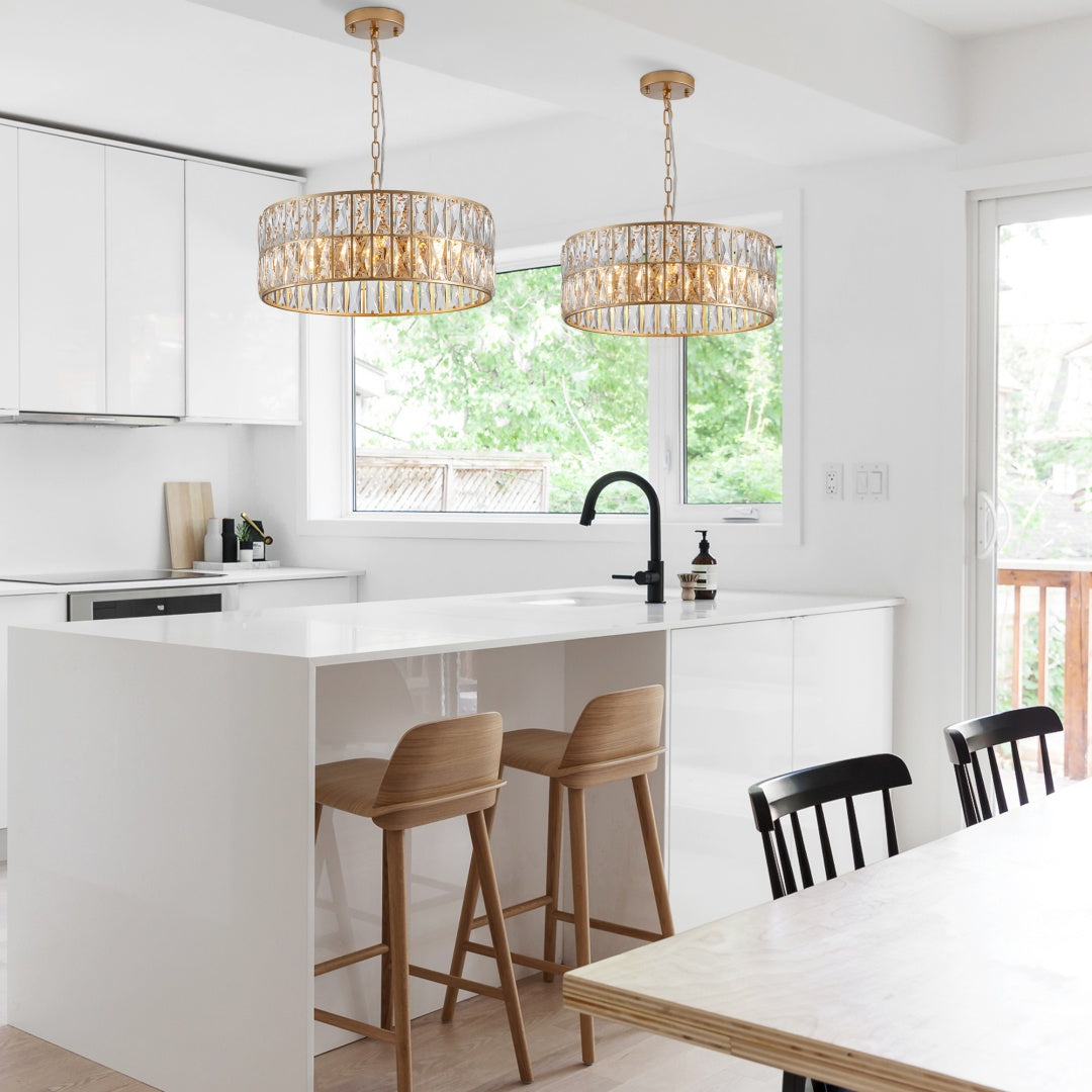 18" Gold Crystal Drum Chandelier – 6-Light Semi-Flush Mount – Modern Glam Ceiling Fixture