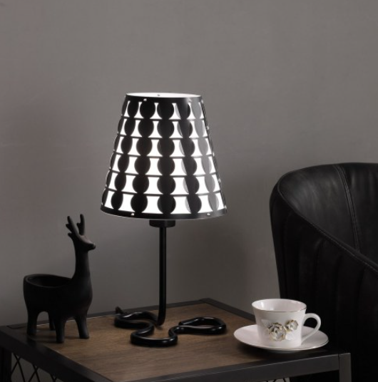 Geometric Table Lamp 16 Inch, Black Metal Accent Lamp with Patterned Empire Shade and Inline Switch for Nightstand, Desk and Side Table