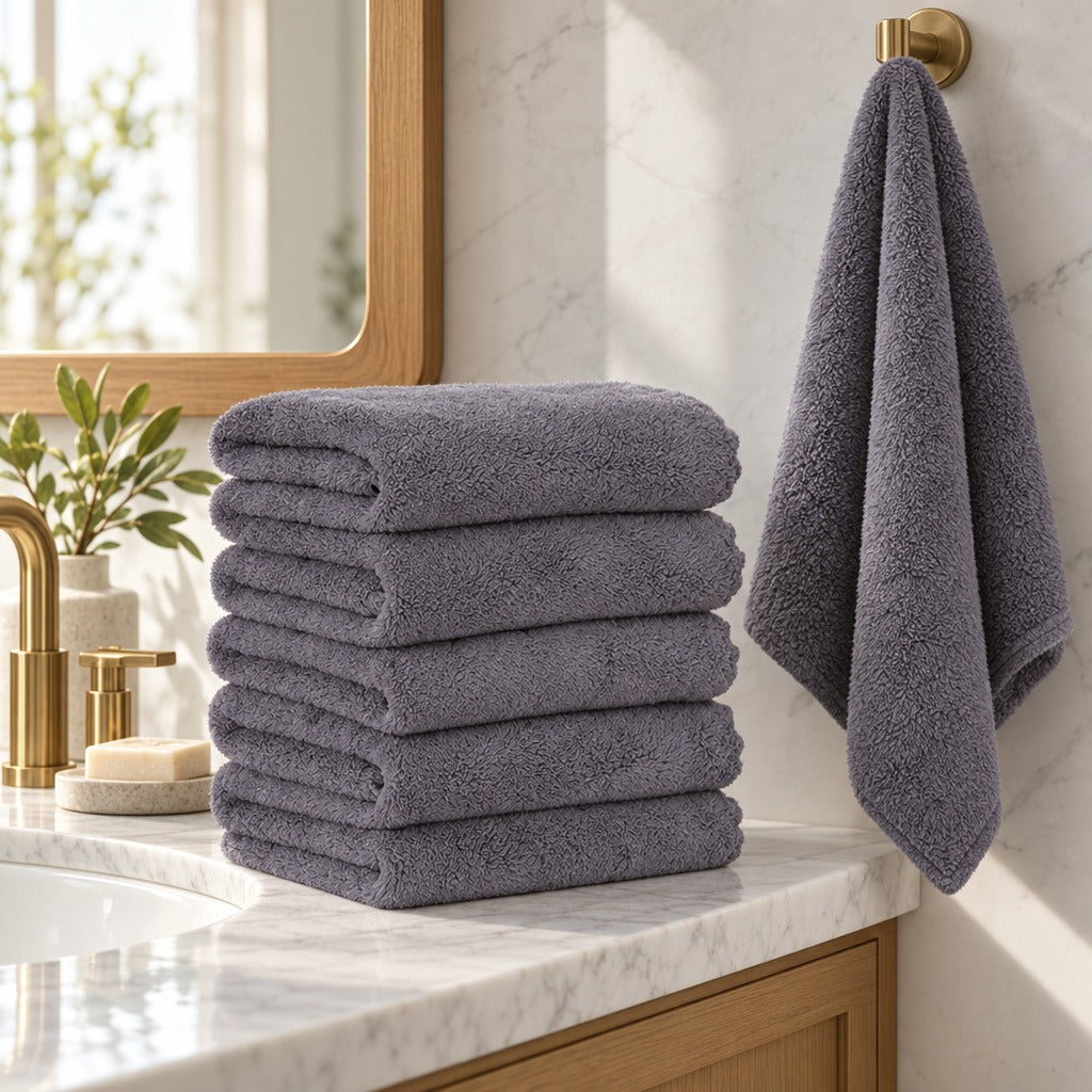 Plush Microfiber Hand Towels, Set of 6, Gray, 16 x 28 Inch, Absorbent and Quick Drying, Machine Washable, for Bathroom, Guest Bath, Gym and Spa