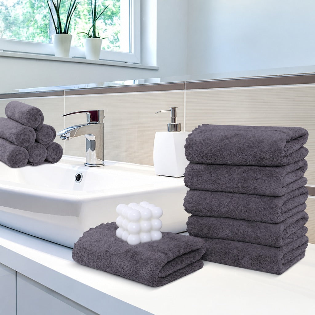 Plush Microfiber Hand Towels, Set of 6, Gray, 16 x 28 Inch, Absorbent and Quick Drying, Machine Washable, for Bathroom, Guest Bath, Gym and Spa