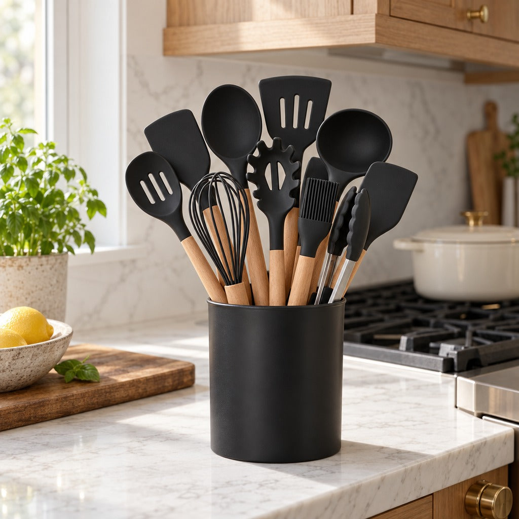 Kitchen Utensils Set, 11 Piece Silicone Cooking Utensils with Wooden Handles and Holder, Black