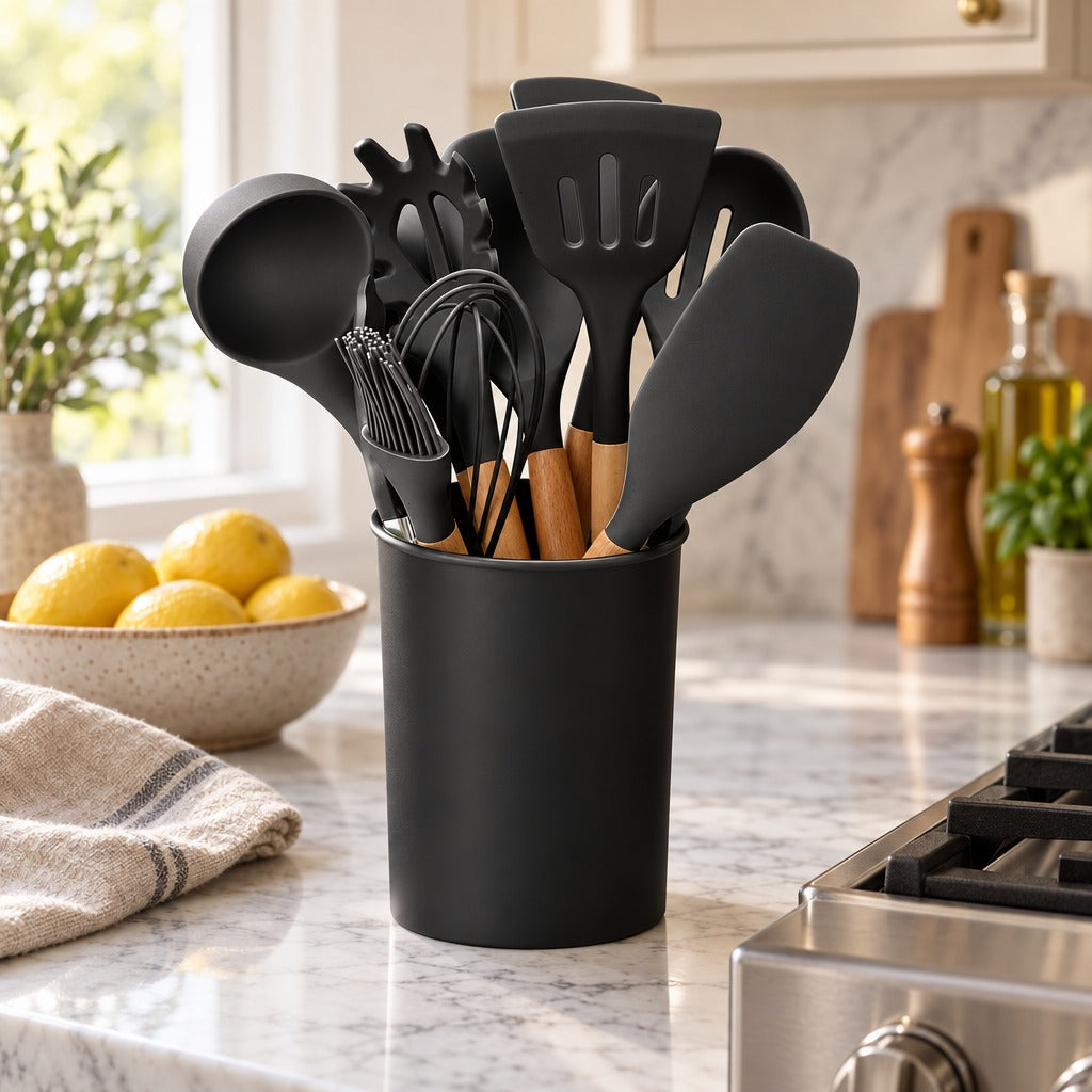 Kitchen Utensils Set, 11 Piece Silicone Cooking Utensils with Wooden Handles and Holder, Black