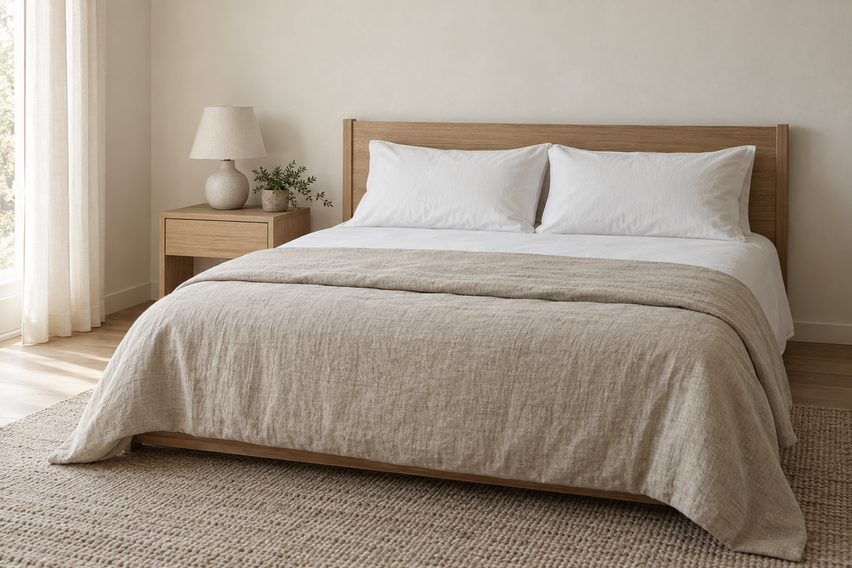 Bright, calm bedroom with neutral linen bedding, an oak bed and a bedside lamp in soft daylight