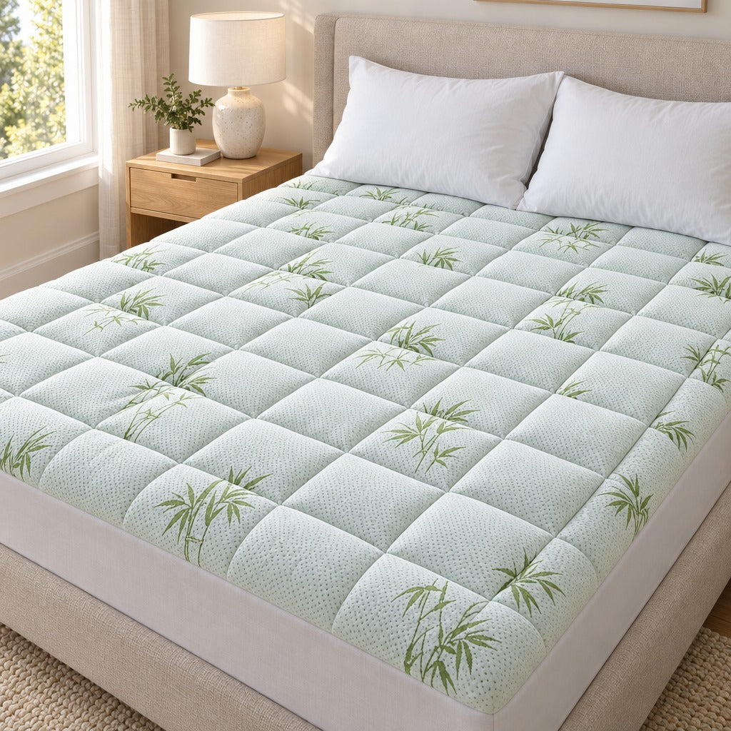 Pillow Top Mattress Topper Queen, Green, Rayon from Bamboo and Polyester Cover shown in a home setting