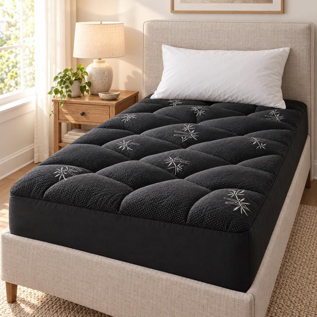 Pillow Top Mattress Topper Twin, 39 x 75 Inch, Black, Rayon from Bamboo and Polyester Blend, Fits 8 to 21 Inch Deep Pocket, Machine Washable