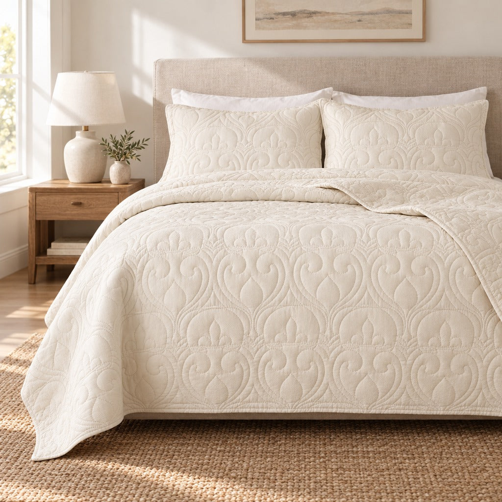 Quilt Set King 3 Piece Beige Bedspread with 2 Pillow Shams shown in a home setting