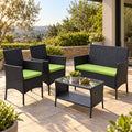 Rattan Patio Furniture Set 4 Piece, Black Wicker Conversation Set with Loveseat, 2 Armchairs, Glass Top Table and Green Cushions for Porch and Deck