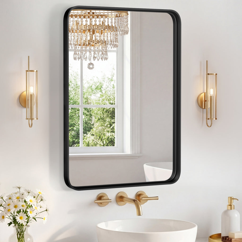 Rectangular Wall Mirror 22 x 30 Inch, Black Aluminum Frame Mirror with Rounded Corners for Bathroom Vanity, Entryway and Bedroom