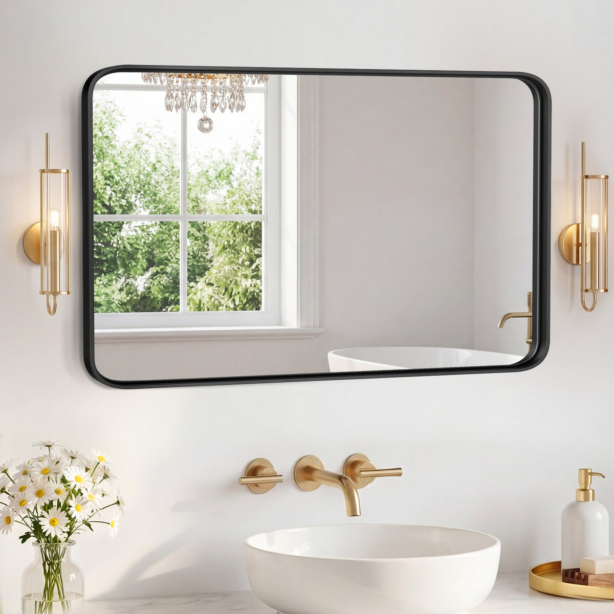 Rectangular Wall Mirror 22 x 30 Inch, Black Aluminum Frame Mirror with Rounded Corners for Bathroom Vanity, Entryway and Bedroom