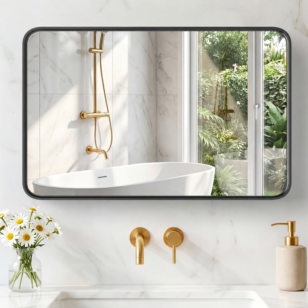 Rectangular Wall Mirror 22 x 30 Inch, Black Aluminum Frame Mirror with Rounded Corners for Bathroom Vanity, Entryway and Bedroom