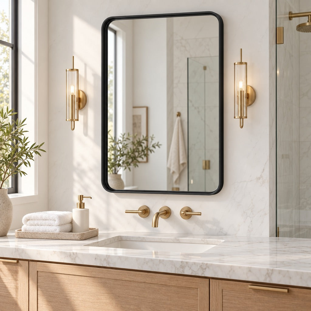 Rectangular Wall Mirror 22 x 30 Inch, Black Aluminum Frame Mirror with Rounded Corners for Bathroom Vanity, Entryway and Bedroom