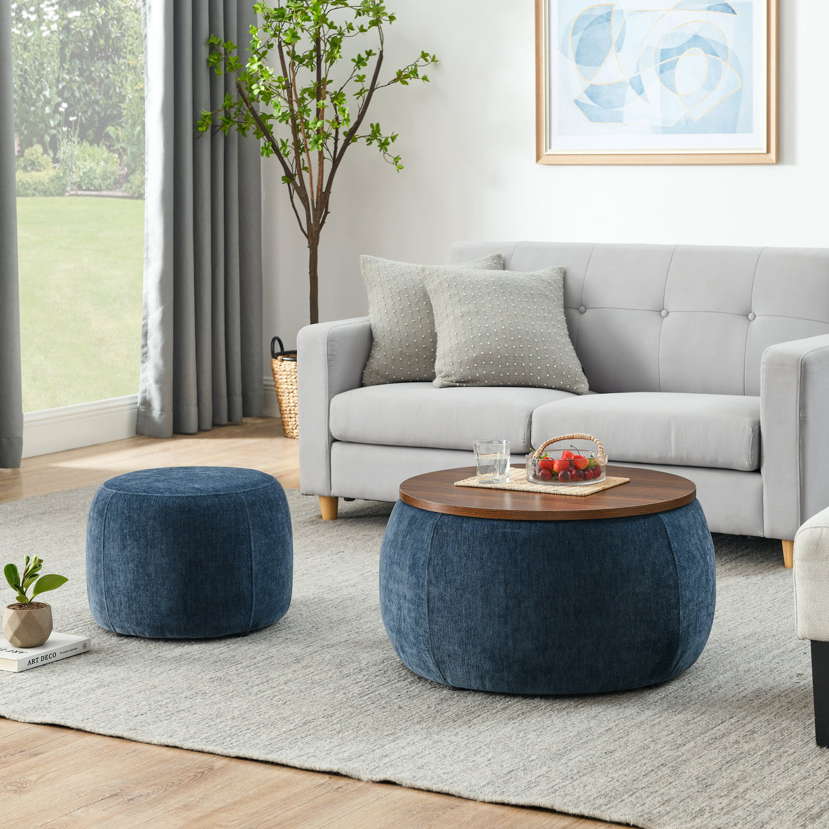 Round Storage Ottoman 25 Inch, Pleated Fabric 2 in 1 End Table with Hidden Storage, Removable Top and Small Seat for Living Room, Dark Blue