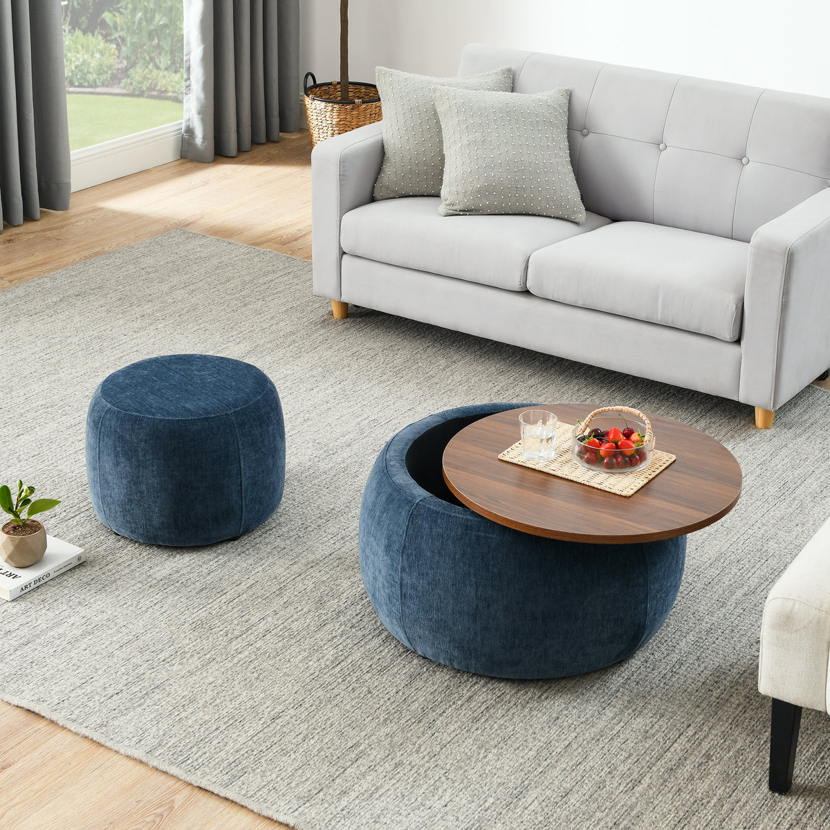 Round Storage Ottoman 25 Inch, Pleated Fabric 2 in 1 End Table with Hidden Storage, Removable Top and Small Seat for Living Room, Dark Blue