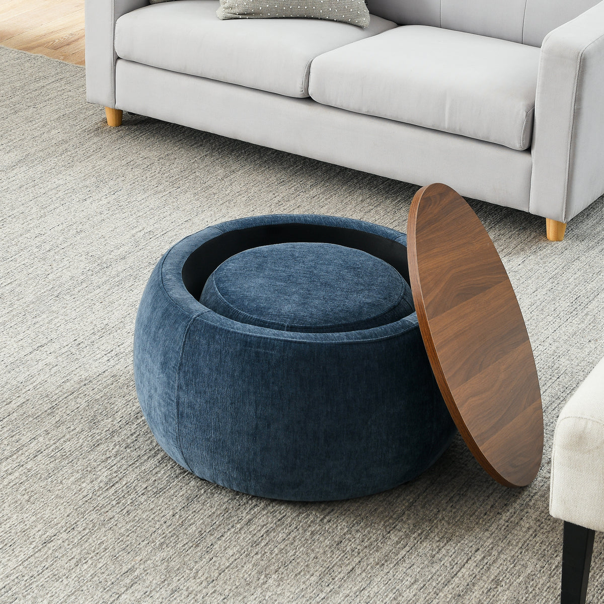 Round Storage Ottoman 25 Inch, Pleated Fabric 2 in 1 End Table with Hidden Storage, Removable Top and Small Seat for Living Room, Dark Blue