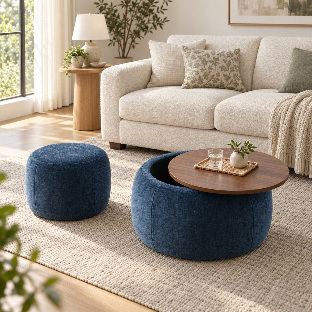 Round Storage Ottoman 25 Inch, Pleated Fabric 2 in 1 End Table with Hidden Storage, Removable Top and Small Seat for Living Room, Dark Blue