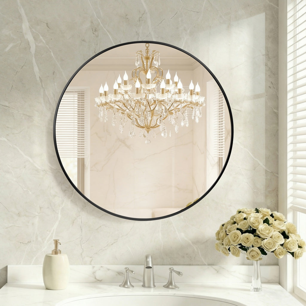 Round Wall Mirror 24 Inch, Black Aluminum Frame Circle Mirror for Bathroom Vanity, Entryway, Bedroom and Living Room